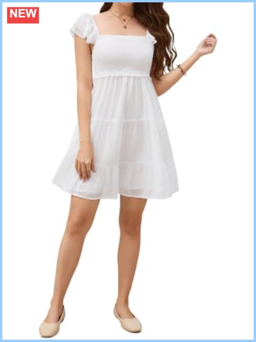 Smocked Square Neck Mini Dress Ruffle Sleeve A-Line Sundress